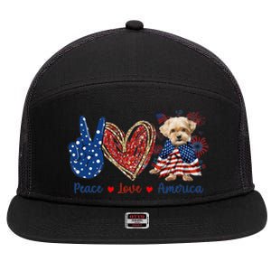 Peace Love Shorkie Dog Patriotic America Flag 4th July Meaningful Gift 7 Panel Mesh Trucker Snapback Hat