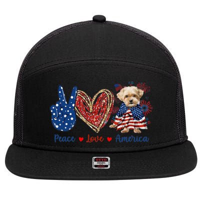 Peace Love Shorkie Dog Patriotic America Flag 4th July Meaningful Gift 7 Panel Mesh Trucker Snapback Hat