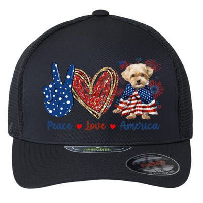 Peace Love Shorkie Dog Patriotic America Flag 4th July Meaningful Gift Flexfit Unipanel Trucker Cap