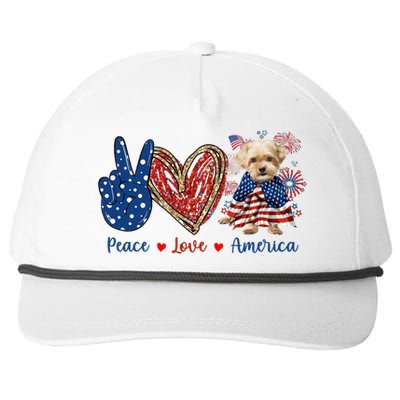 Peace Love Shorkie Dog Patriotic America Flag 4th July Meaningful Gift Snapback Five-Panel Rope Hat