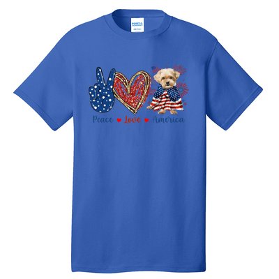 Peace Love Shorkie Dog Patriotic America Flag 4th July Meaningful Gift Tall T-Shirt