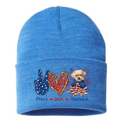 Peace Love Shorkie Dog Patriotic America Flag 4th July Meaningful Gift Sustainable Knit Beanie