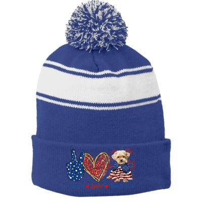 Peace Love Shorkie Dog Patriotic America Flag 4th July Meaningful Gift Stripe Pom Pom Beanie