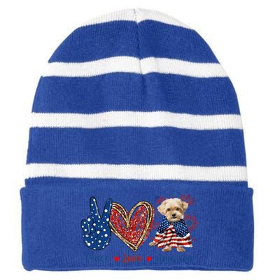 Peace Love Shorkie Dog Patriotic America Flag 4th July Meaningful Gift Striped Beanie with Solid Band