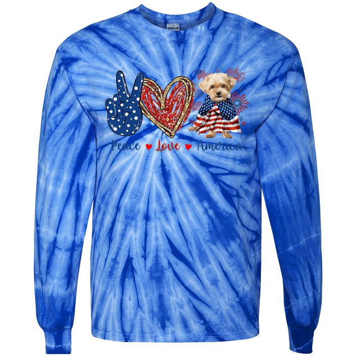 Peace Love Shorkie Dog Patriotic America Flag 4th July Meaningful Gift Tie-Dye Long Sleeve Shirt