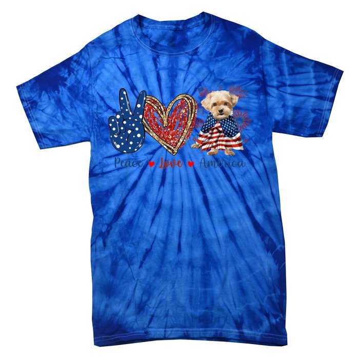 Peace Love Shorkie Dog Patriotic America Flag 4th July Meaningful Gift Tie-Dye T-Shirt