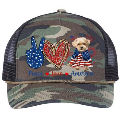 Peace Love Shorkie Dog Patriotic America Flag 4th July Meaningful Gift Retro Rope Trucker Hat Cap