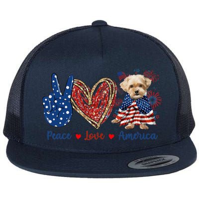 Peace Love Shorkie Dog Patriotic America Flag 4th July Meaningful Gift Flat Bill Trucker Hat