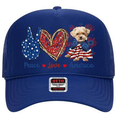 Peace Love Shorkie Dog Patriotic America Flag 4th July Meaningful Gift High Crown Mesh Back Trucker Hat