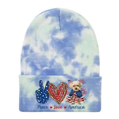 Peace Love Shorkie Dog Patriotic America Flag 4th July Meaningful Gift Tie Dye 12in Knit Beanie