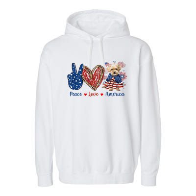 Peace Love Shorkie Dog Patriotic America Flag 4th July Meaningful Gift Garment-Dyed Fleece Hoodie