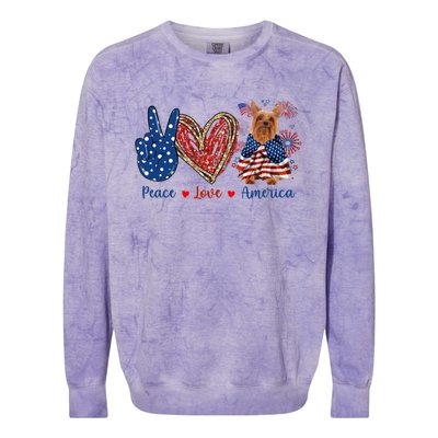 Peace Love Silky Terrier Dog Patriotic America Flag 4th July Funny Gift Colorblast Crewneck Sweatshirt