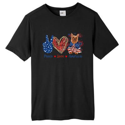 Peace Love Silky Terrier Dog Patriotic America Flag 4th July Funny Gift Tall Fusion ChromaSoft Performance T-Shirt