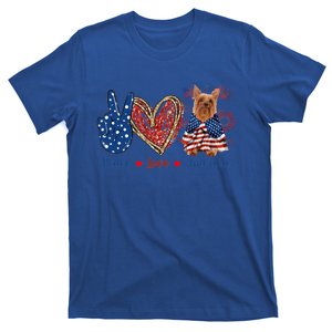 Peace Love Silky Terrier Dog Patriotic America Flag 4th July Funny Gift T-Shirt