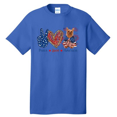 Peace Love Silky Terrier Dog Patriotic America Flag 4th July Funny Gift Tall T-Shirt