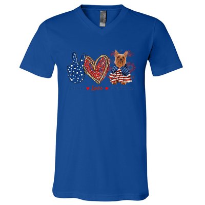 Peace Love Silky Terrier Dog Patriotic America Flag 4th July Funny Gift V-Neck T-Shirt