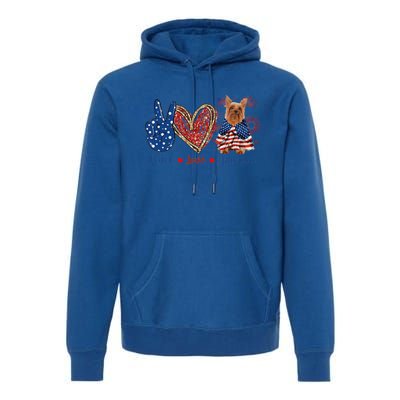 Peace Love Silky Terrier Dog Patriotic America Flag 4th July Funny Gift Premium Hoodie