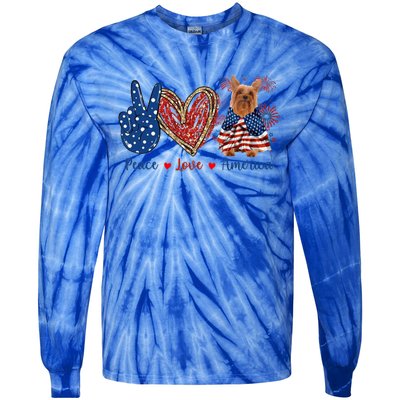 Peace Love Silky Terrier Dog Patriotic America Flag 4th July Funny Gift Tie-Dye Long Sleeve Shirt