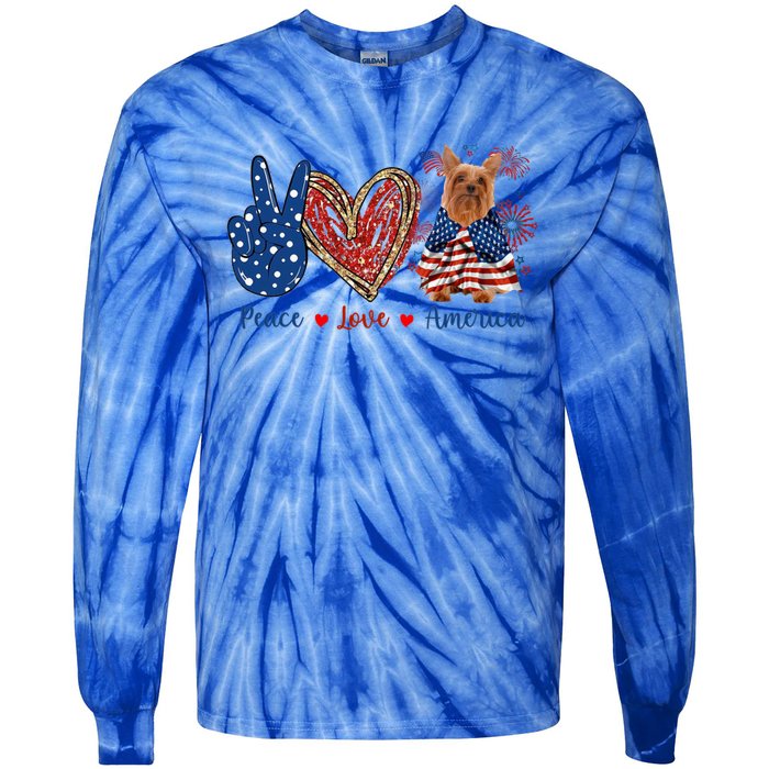 Peace Love Silky Terrier Dog Patriotic America Flag 4th July Funny Gift Tie-Dye Long Sleeve Shirt