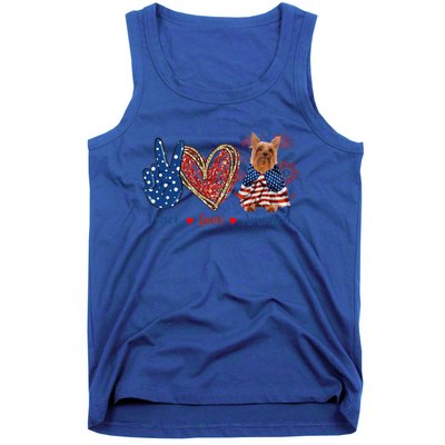 Peace Love Silky Terrier Dog Patriotic America Flag 4th July Funny Gift Tank Top