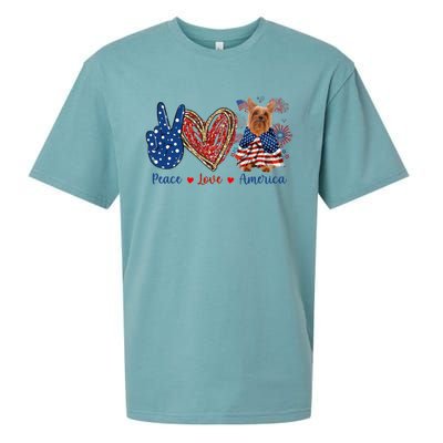 Peace Love Silky Terrier Dog Patriotic America Flag 4th July Funny Gift Sueded Cloud Jersey T-Shirt