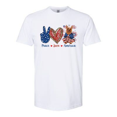 Peace Love Silky Terrier Dog Patriotic America Flag 4th July Funny Gift Softstyle CVC T-Shirt