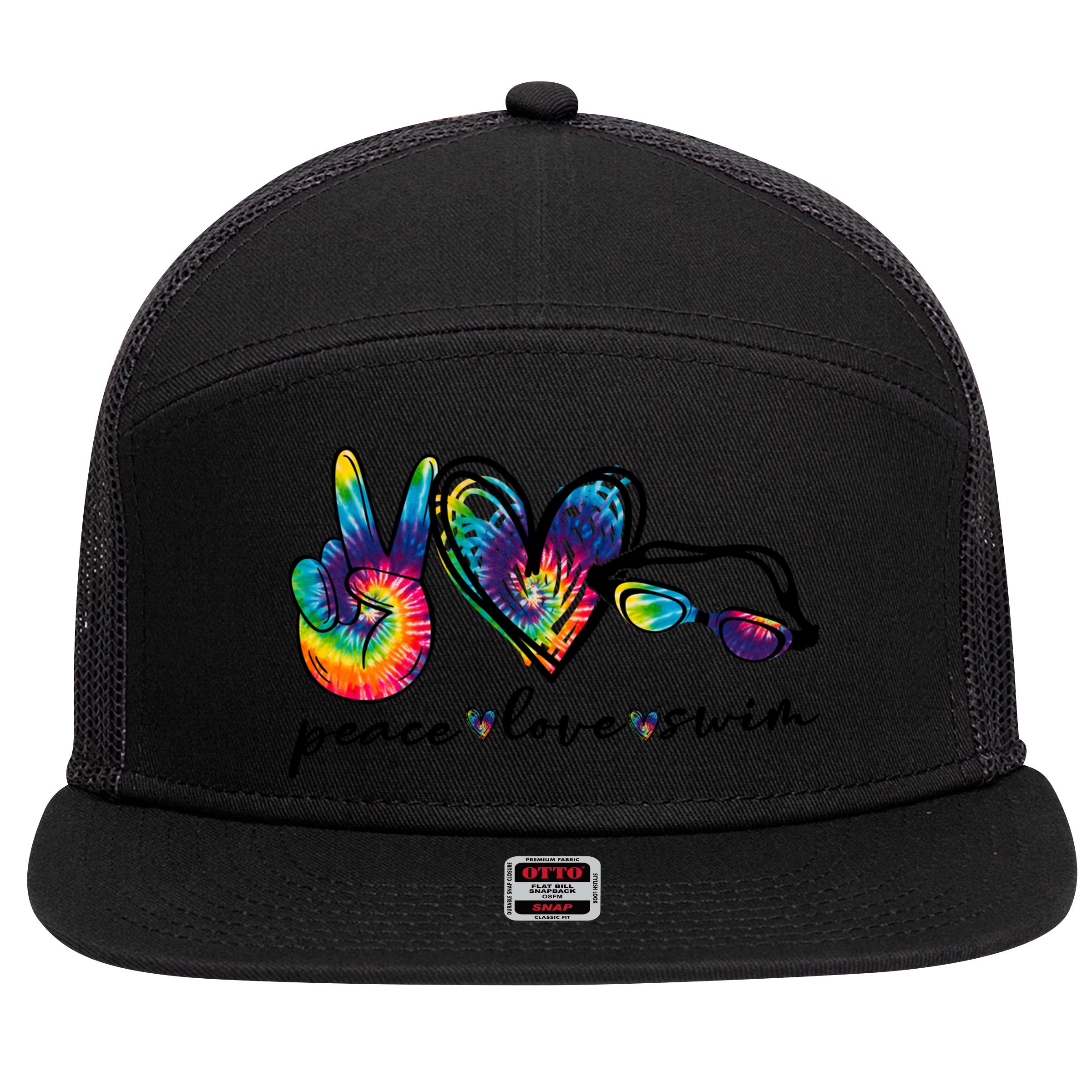 Peace Love Swim Goggles Tie Dye Swimmer Swimming Gift 7 Panel Mesh Trucker Snapback Hat