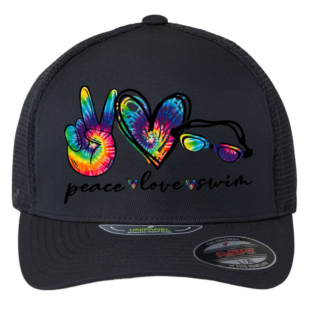 Peace Love Swim Goggles Tie Dye Swimmer Swimming Gift Flexfit Unipanel Trucker Cap