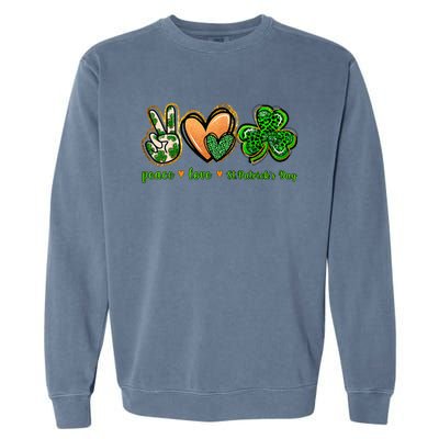 Peace Love St Patrick's Day Leopard Lucky Shamrock Garment-Dyed Sweatshirt