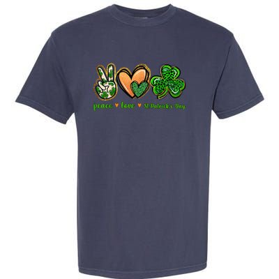 Peace Love St Patrick's Day Leopard Lucky Shamrock Garment-Dyed Heavyweight T-Shirt