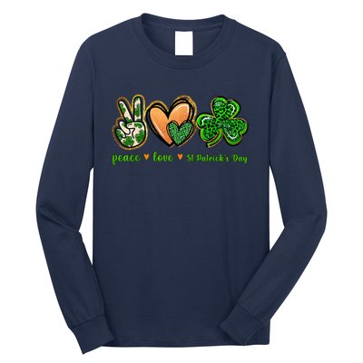 Peace Love St Patrick's Day Leopard Lucky Shamrock Long Sleeve Shirt