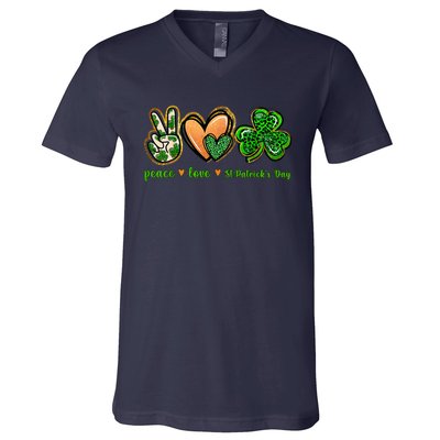 Peace Love St Patrick's Day Leopard Lucky Shamrock V-Neck T-Shirt