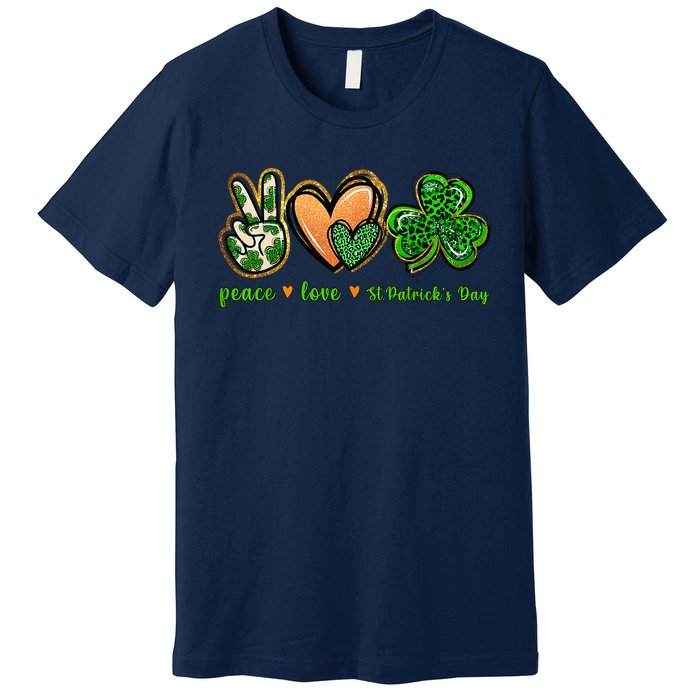 Peace Love St Patrick's Day Leopard Lucky Shamrock Premium T-Shirt