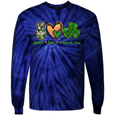 Peace Love St Patrick's Day Leopard Lucky Shamrock Tie-Dye Long Sleeve Shirt