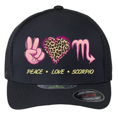 Peace Love Scorpio Zodiac Sign Horoscope Gift Flexfit Unipanel Trucker Cap