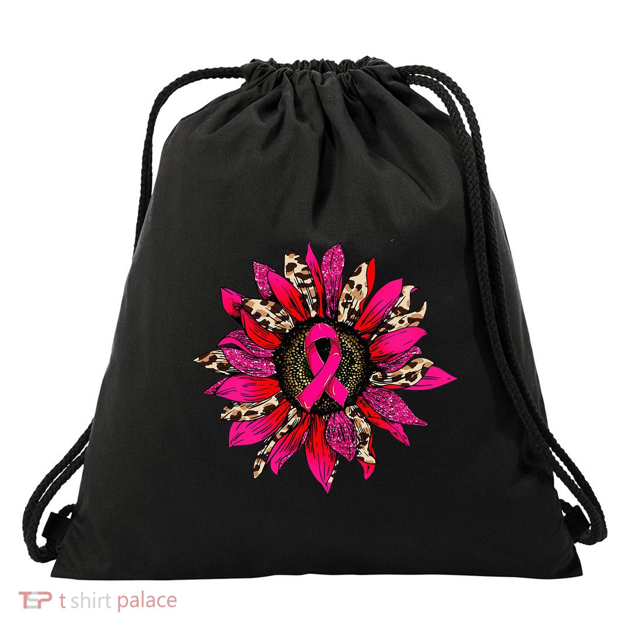 Pink Leopard Sunflower Breast Cancer Awareness Ribbon Drawstring Bag