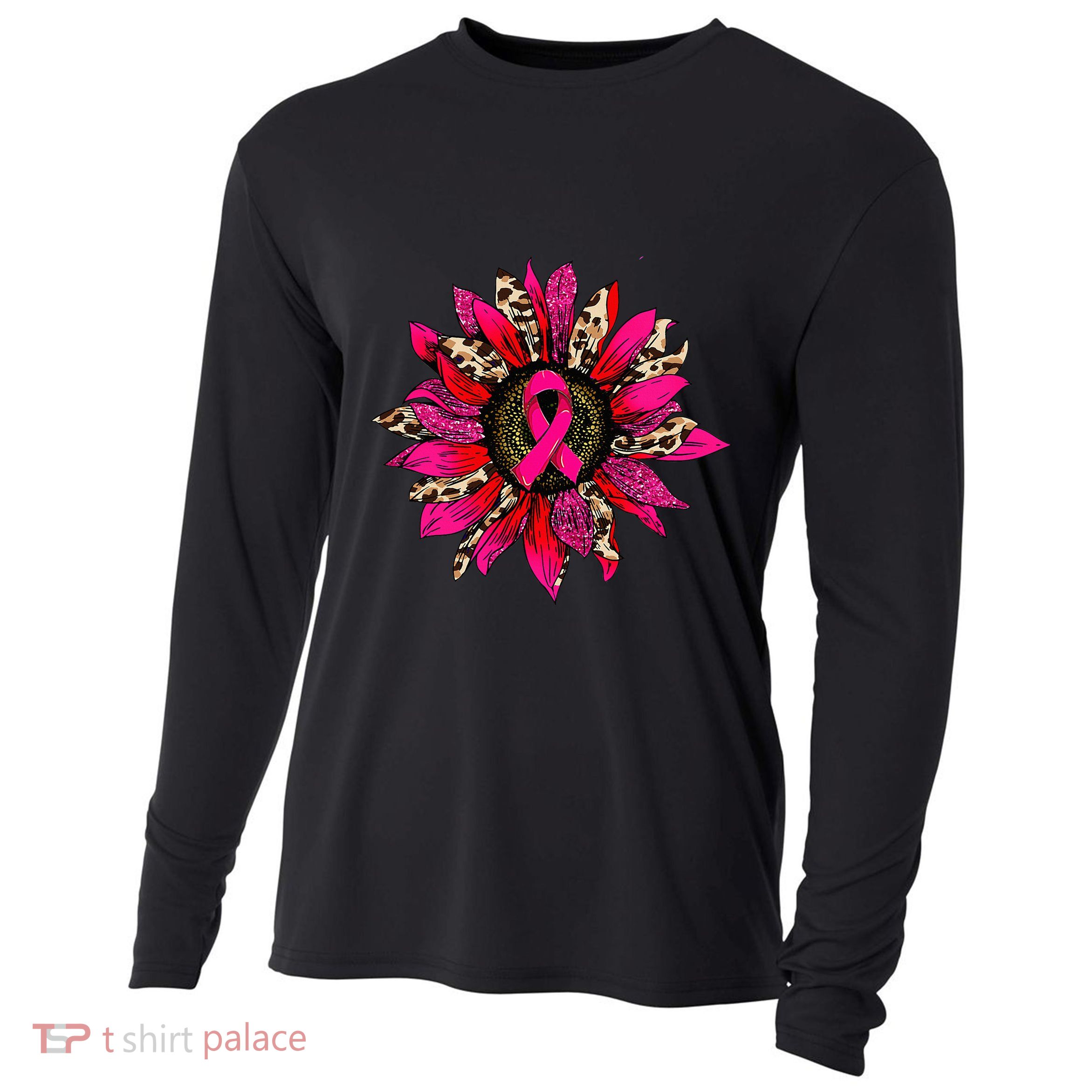 Pink Leopard Sunflower Breast Cancer Awareness Ribbon Cooling Performance Long Sleeve Crew