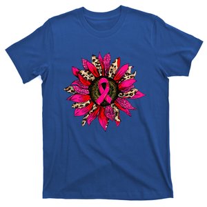 Pink Leopard Sunflower Breast Cancer Awareness Ribbon T-Shirt