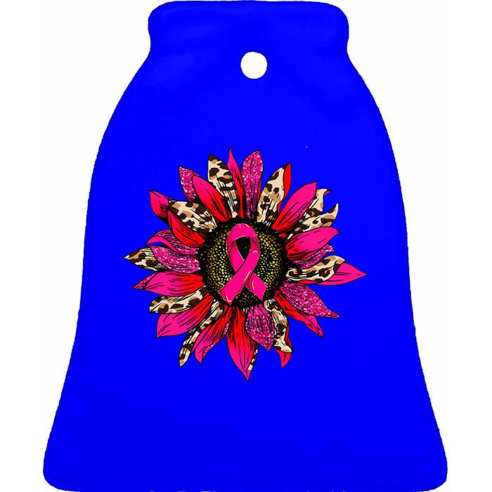 Pink Leopard Sunflower Breast Cancer Awareness Ribbon Ceramic Bell Ornament