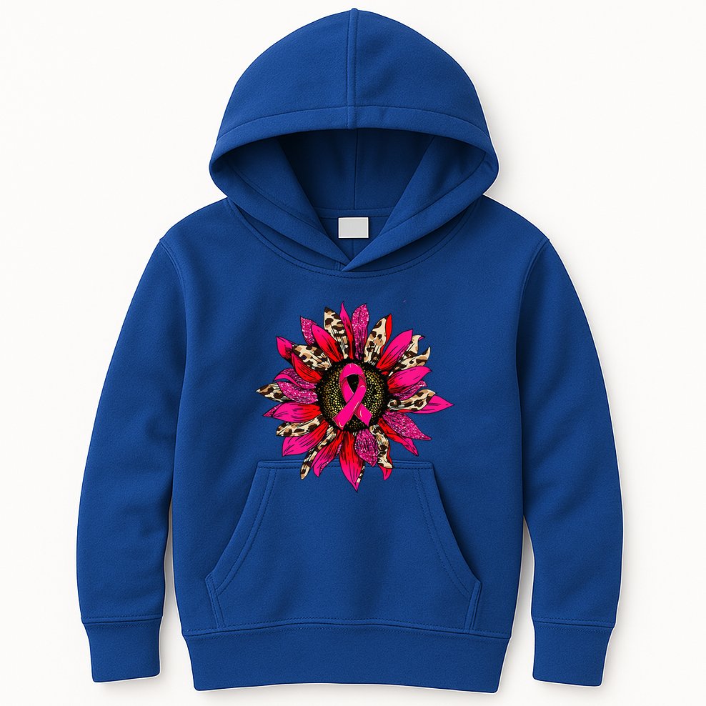 Pink Leopard Sunflower Breast Cancer Awareness Ribbon Kids Hoodie