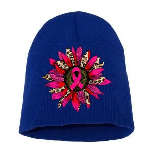 Pink Leopard Sunflower Breast Cancer Awareness Ribbon Short Acrylic Beanie