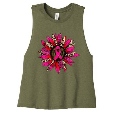 Pink Leopard Sunflower Breast Cancer Awareness Ribbon Women's Racerback Cropped Tank