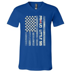 Proud Little Sis American Flag Baseball Sister Patriotic Great Gift V-Neck T-Shirt