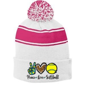 Peace Love Softball For Teen Cute Leopard Softball Stripe Pom Pom Beanie