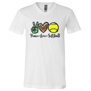 Peace Love Softball For Teen Cute Leopard Softball V-Neck T-Shirt