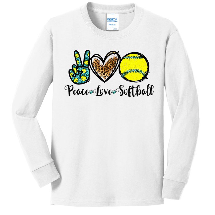 Peace Love Softball For Teen Cute Leopard Softball Kids Long Sleeve Shirt