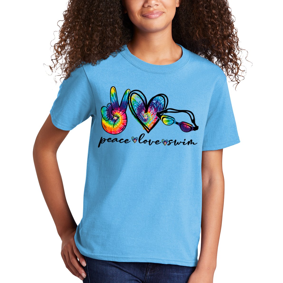 Peace Love Swim Goggles Tie Dye Swimmer Swimming Cool Gift Kids T-Shirt