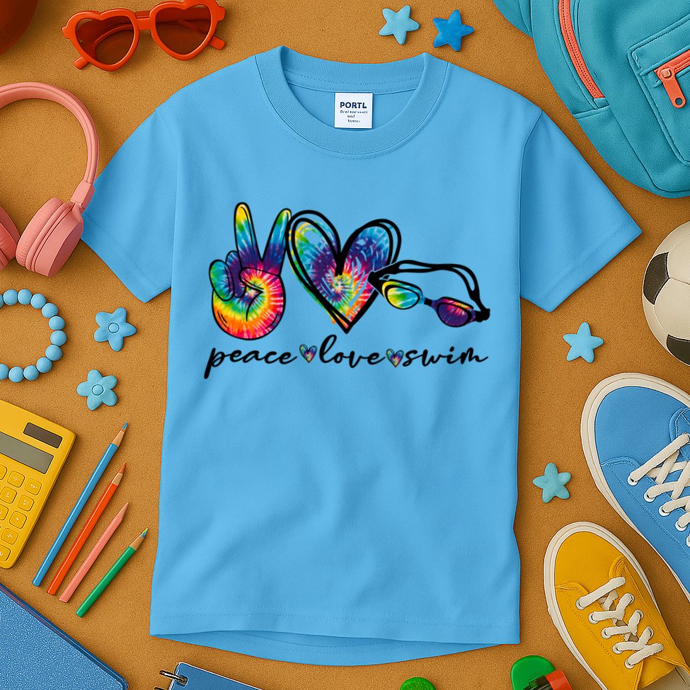 Peace Love Swim Goggles Tie Dye Swimmer Swimming Cool Gift Kids T-Shirt