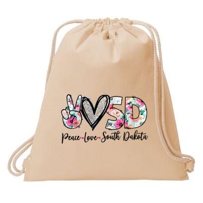 Peace Love South Dakota Vinatge Floral South Dakota Lovers Drawstring Bag