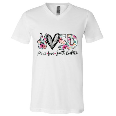 Peace Love South Dakota Vinatge Floral South Dakota Lovers V-Neck T-Shirt